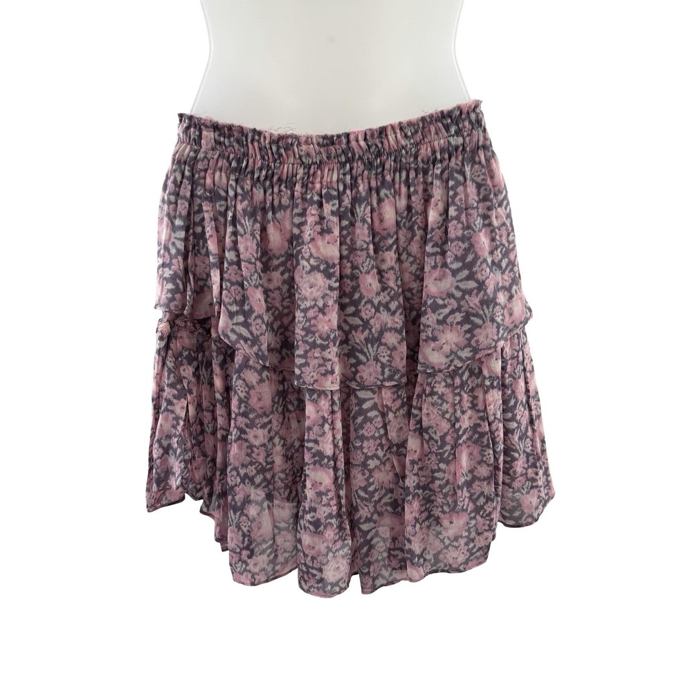LoveShackFancy Skirt Womens Small Pink Floral Tiered Ruffle Mini Boho Chiffon